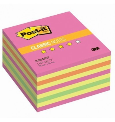 Куб с клейким краем Post-it CLASSIC 76х76 мм, неон розовый, 450 листов
