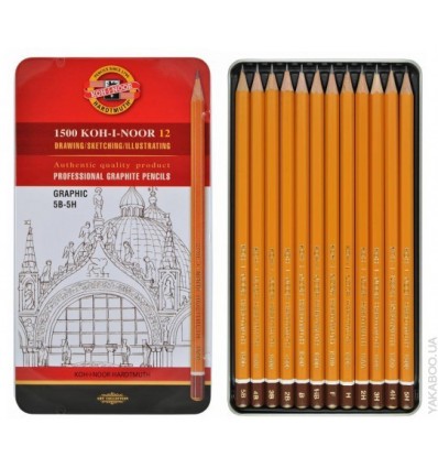 Набор чернографитных карандашей Koh-I-Noor 1500 GRAPHIC, без ластика, 12шт 5H-5В в металлической коробке