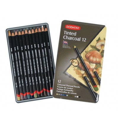 Набор угольных цветных карандашей DERWENT TINTED CHARCOAL, 12 карандашей в металлическом пенале 