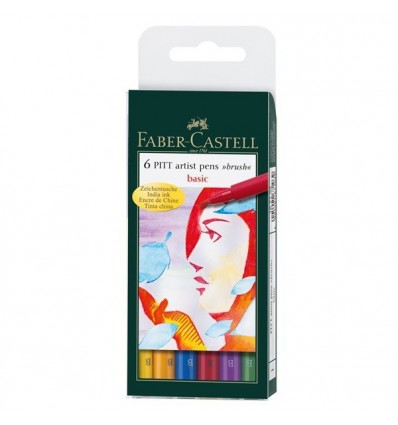 Капиллярные ручки-кисти FABER-CASTELL Pitt Pen brush, 6 цветов, основные цвета
