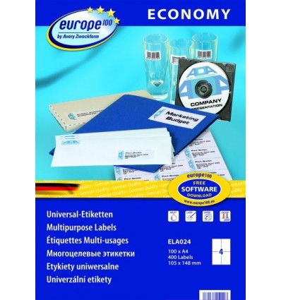 Этикетки универсальные Европа-100 Avery Zweckform 105x148,5мм/4шт на листе, белые, А4, 100листов, 400 этикеток, ELA024