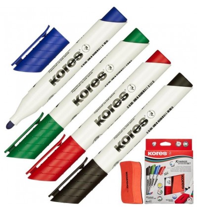 Набор маркеров для досок Kores 20863 с губкой, круглый наконечник 3мм, 4 цвета