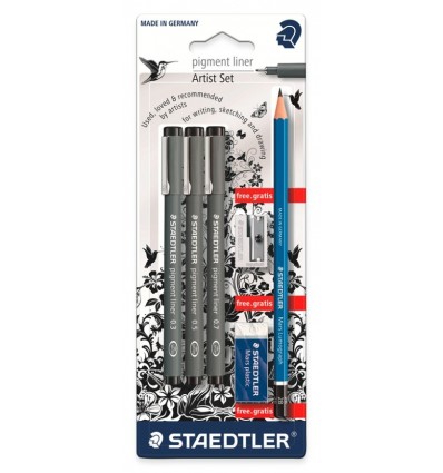 Набор капиллярных ручек STAEDTLER pigment liner 308, 3шт черного цвета (0.3, 0.5, 0.7мм), ластик, точилка и карандаш