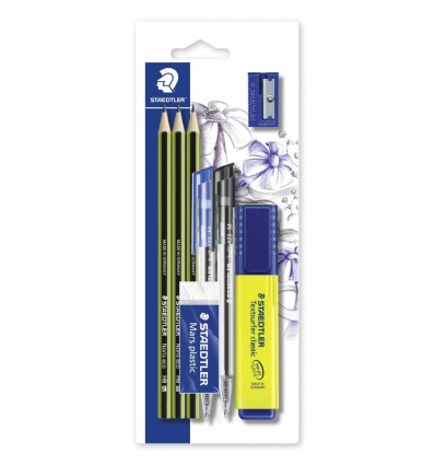 Набор STAEDTLER, 8 предметов (3 шт чернографит. карандаша, 2шт шарик. ручки, текстовыделитель, ластик, точилка)