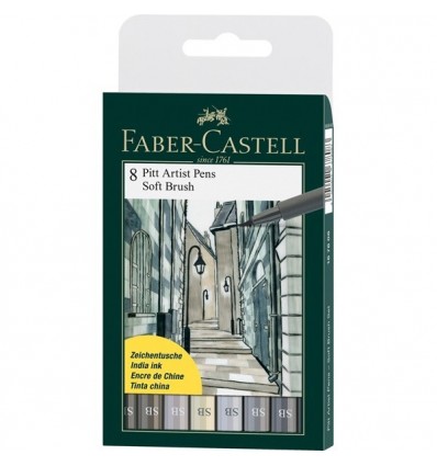 Капиллярные ручки-кисти FABER-CASTELL Pitt Pen brush SB, 8 цветов, оттенки серого