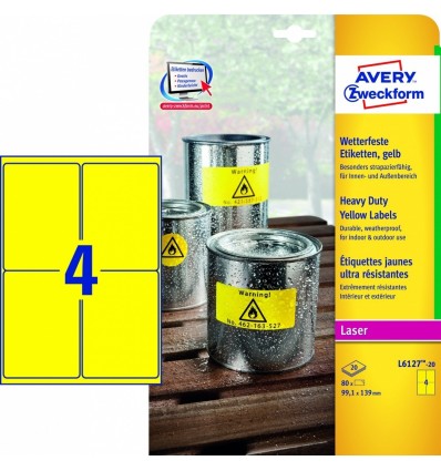 Этикетки погодоустойчивые Avery-Zweckform 99,1x139мм, А4, 20 листов, 80 этикеток, желтые L6127-20