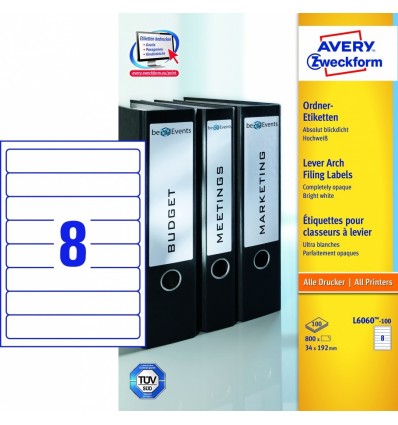 Этикетки для папок-регистраторов белые Avery Zweckform A4, 192×34мм, 100 листов, 800 этикеток, L6060-100