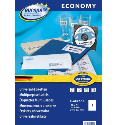 Этикетки универсальные Европа-100 Avery Zweckform 210х297мм/ 1шт на листе, белые, А4, 18 листов, 18 этикеток, ELA027-18