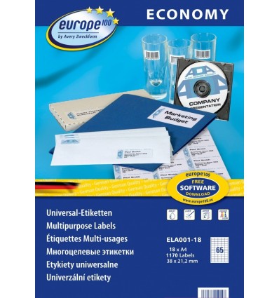 Этикетки универсальные Европа-100 Avery Zweckform 38x21,2мм/ 65шт на листе, белые, А4, 18 листов, 1170 этикеток, ELA001-18