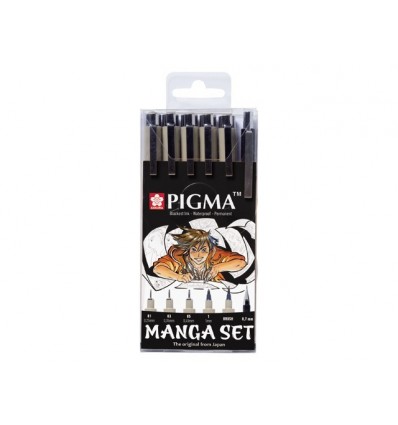 Набор капиллярных ручек Pigma Micron Manga SAKURA, 6шт (0.1мм 0.3мм 0.5мм,1мм, кисть, мех. карандаш) Черный