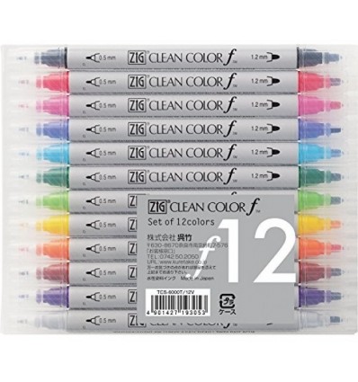 Набор двусторонних акварельных маркеров с кистью ZIG Clean Color f, (перья 0,5 и 1,2 мм) 12 шт