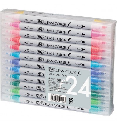 Набор двусторонних акварельных маркеров с кистью ZIG Clean Color f, (перья 0,5 и 1,2 мм) 24 шт