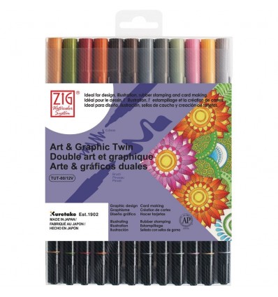Набор акварельных маркеров  ZIG Art & Graphic Twin, 2 пера (кисть и тонкое 0.8мм) приглушенные оттенки 12 шт