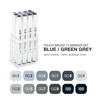 Набор маркеров TOUCH BRUSH, 2 пера (долото и кисть), 12 цветов Сине-зеленые тона