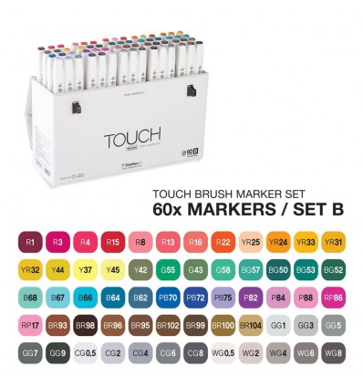 Набор маркеров TOUCH BRUSH, 2 пера (долото и кисть), 60 цветов основных тонов B