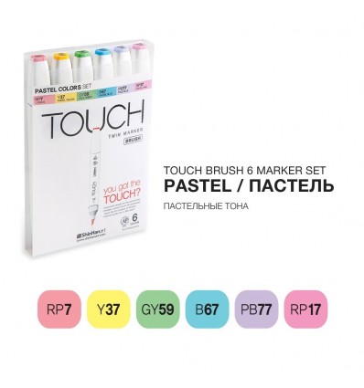 Набор маркеров TOUCH BRUSH, 2 пера (долото и кисть), 6 цветов пастельные тона