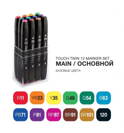 Набор маркеров TOUCH TWIN, 2 пера (долото и тонкое), 12 цветов основные тона