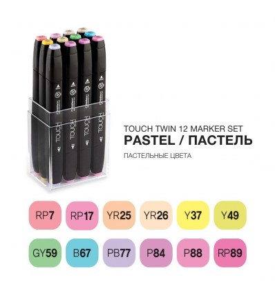 Набор маркеров TOUCH TWIN, 2 пера (долото и тонкое), 12 цветов пастельные тона