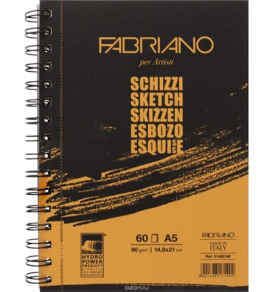 Альбом для зарисовок Fabriano Schizzi 14,8x21см, 90гр., 60л., бумага мелкозернистая, спираль по длин. стороне