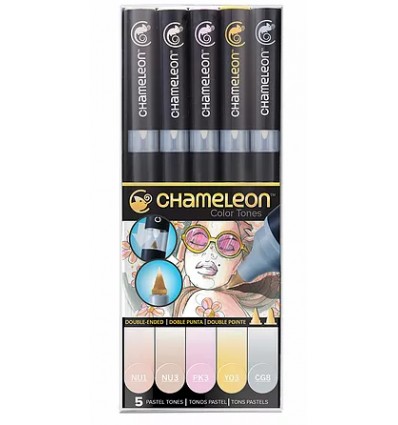 Набор маркеров CHAMELEON Pastel Tones / пастельные тона, 2 пера ( пулевидный и кисть), 5 цветов