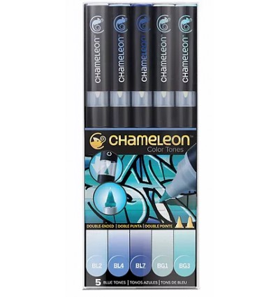 Набор маркеров CHAMELEON Blue Tones / голубые тона, 2 пера ( пулевидный и кисть), 5 цветов