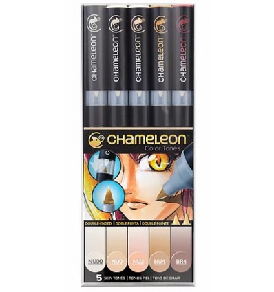Набор маркеров CHAMELEON Chameleon Skin Tones / телесные тона, 2 пера ( пулевидный и кисть), 5 цветов