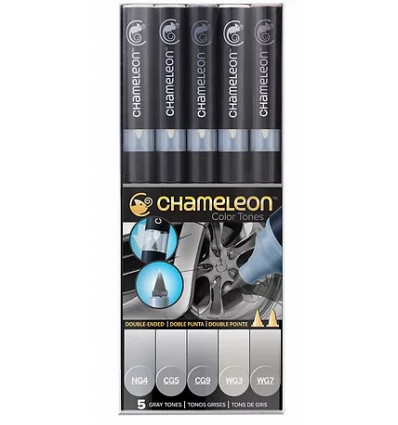 Набор маркеров CHAMELEON Chameleon Gray Tones / серые тона, 2 пера ( пулевидный и кисть), 5 цветов