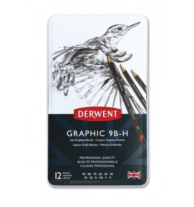 Набор чернографитовых карандашей Derwent GRAPHIC SOFT, 12 карандашей 9B-H, в металлической коробке