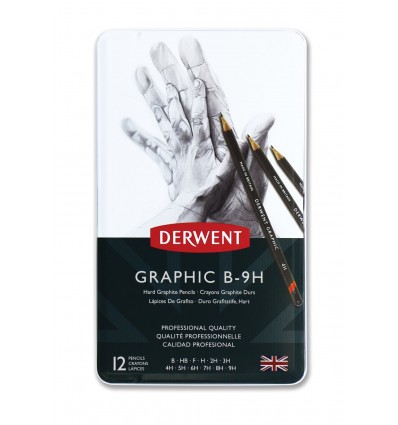Набор чернографитовых карандашей Derwent GRAPHIC HARD, 12 карандашей B-9H, в металлической коробке, точилка