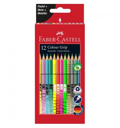 Набор цветных трехгранных карандашей FABER-CASTELL GRIP, 12 цветов (4цв - неоновых, 4цв - металлич., 4цв - пастельных,)