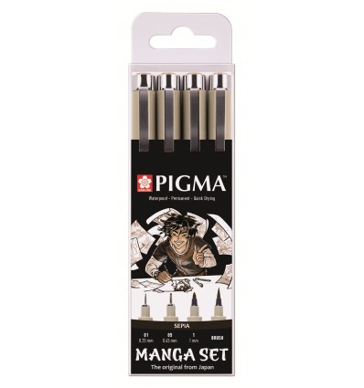 Набор капиллярных ручек Pigma Micron Manga SAKURA, 4шт (0.25мм, 0.45мм, 1мм, кисть) Сепия