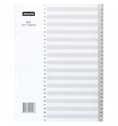 Разделитель листов цифровой 1-31 Attache А4 (290×210мм), пластиковый, 31 лист