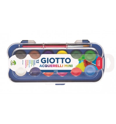 Краски акварельные GIOTTO acquerelli с кистью и белой гуашью, 12 цвета в пластиковом пенале 