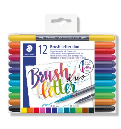 Фломастеры STAEDTLER Brush letter duo с наконечником кисточкой, 12 цветов, двусторонние