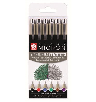 Набор капиллярных ручек SAKURA Pigma Micron 01 (0.25мм), 6 цветов (черный, красный, синий, зеленый, коричневый, пурпурный)