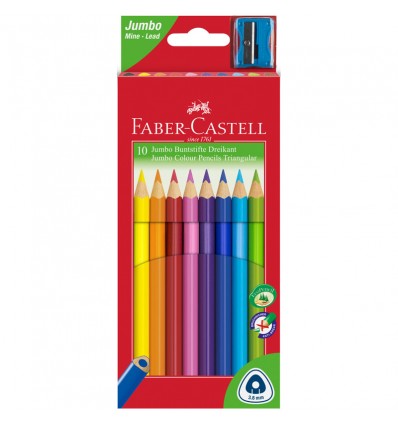 Набор цветных треугольных карандашей FABER-CASTELL JUMBO, 10 цветов, точилка