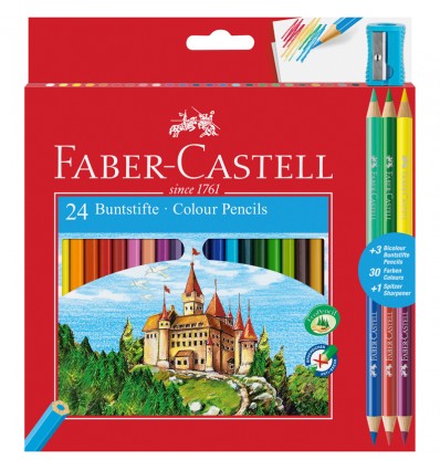 Набор цветных карандашей FABER-CASTELL ЗАМОК, 24 цвета (+ 3 двухцветных карандаша и точилка)