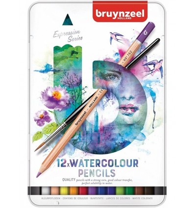 Набор цветных акварельных карандашей Bruynzeel Expression Aquarel, 12 цветов, кисть, в метал. коробке