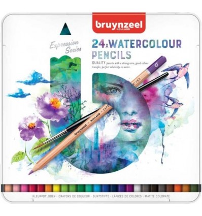 Набор цветных акварельных карандашей Bruynzeel Expression Aquarel, 24 цвета, кисть, в метал. коробке