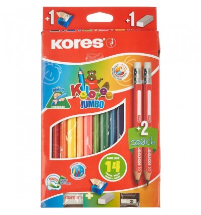 Карандаши трехгранные цветные Kores Jumbo утолщенные, 12 цветов + 2 чернографитных с точилкой и ластиком