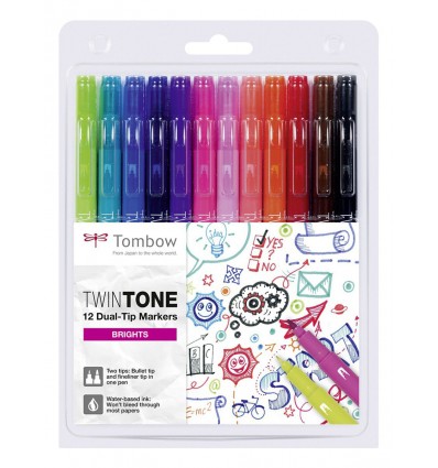 Набор маркеров Tombow TwinTone Brights (яркие тона), 2 пера (0.8 мм и 0.3 мм) 12шт