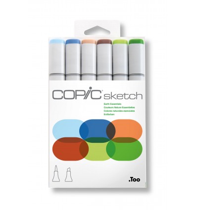 Набор маркеров Copic Sketch Earth Essentials (земли), 2 пера (кисть и долото), 6 цветов