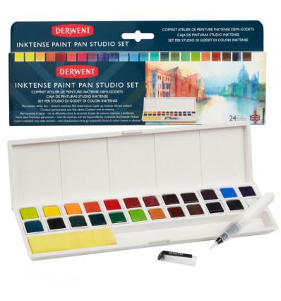 Набор акварельных (чернильных) красок Derwent Inktense Paint Pan Studio Set 24 цвета в кюветах, в пластиковом пенале, кисть