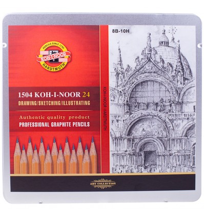 Набор чернографитных карандашей Koh-I-Noor 1500 GRAPHIC, без ластика, 24шт 8В-10H в металлической коробке