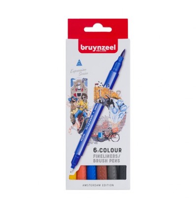 Набор капиллярных ручек Bruynzeel Fineliner Brush pen Amsterdam (Амстердам) двусторонние (перо-кисть и линер 0,4мм), 6 цветов