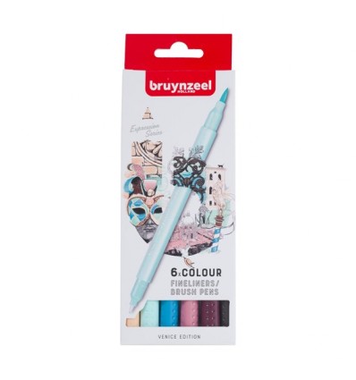 Набор капиллярных ручек Bruynzeel Fineliner Brush pen Venice (Венеция) двусторонние (перо-кисть и линер 0,4мм), 6 цветов