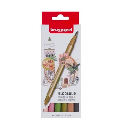 Набор капиллярных ручек Bruynzeel Fineliner Brush pen Marrakesh (Марракеш) двусторонние (перо-кисть и линер 0,4мм), 6 цветов