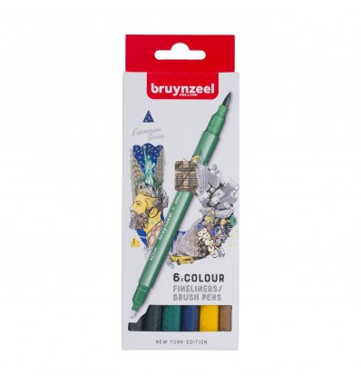 Набор капиллярных ручек Bruynzeel Fineliner Brush pen New York (Нью-Йорк) двусторонние (перо-кисть и линер 0,4мм), 6 цветов