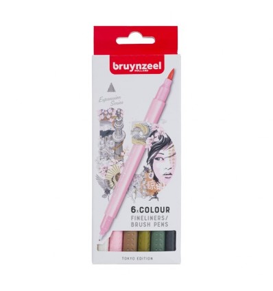 Набор капиллярных ручек Bruynzeel Fineliner Brush pen Tokyo (ТОКИО) двусторонние (перо-кисть и линер 0,4мм), 6 цветов