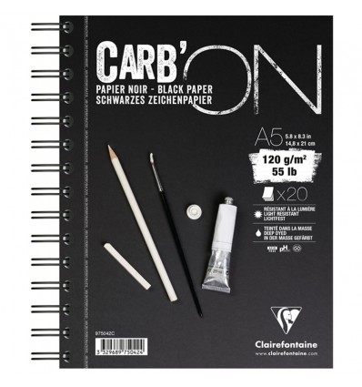 Скетчбук для эскизов и зарисовок Clairefontaine Carb'ON, А5, 120г., бумага - мелкое зерно черная, 20 листов, спираль